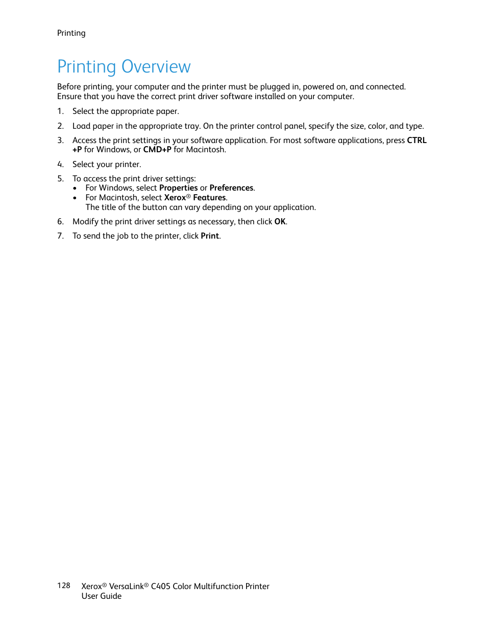 Printing overview | Xerox VersaLink C405/DN All-in-One Color Laser Printer User Manual | Page 128 / 271