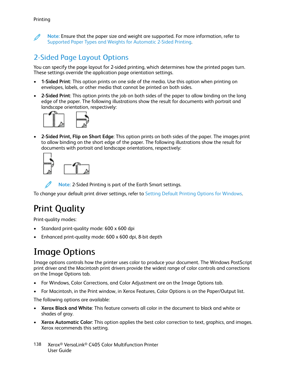 Print quality, Image options, Print quality image options | Pprriinntt q quuaalliittyy, Iim maaggee o oppttiioonnss, Ssiiddeedd ppaaggee llaayyoouutt o oppttiioonnss | Xerox VersaLink C405/DN All-in-One Color Laser Printer User Manual | Page 138 / 271