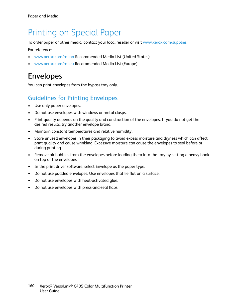 Printing on special paper, Envelopes, Guidelines for printing envelopes | Eennvveellooppeess | Xerox VersaLink C405/DN All-in-One Color Laser Printer User Manual | Page 160 / 271