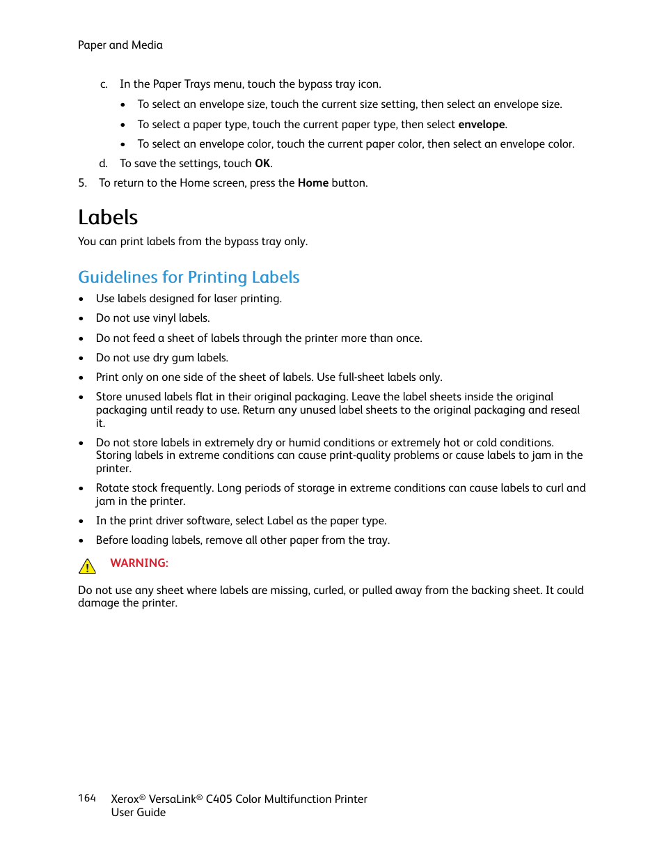 Labels, Guidelines for printing labels, Llaabbeellss | Xerox VersaLink C405/DN All-in-One Color Laser Printer User Manual | Page 164 / 271