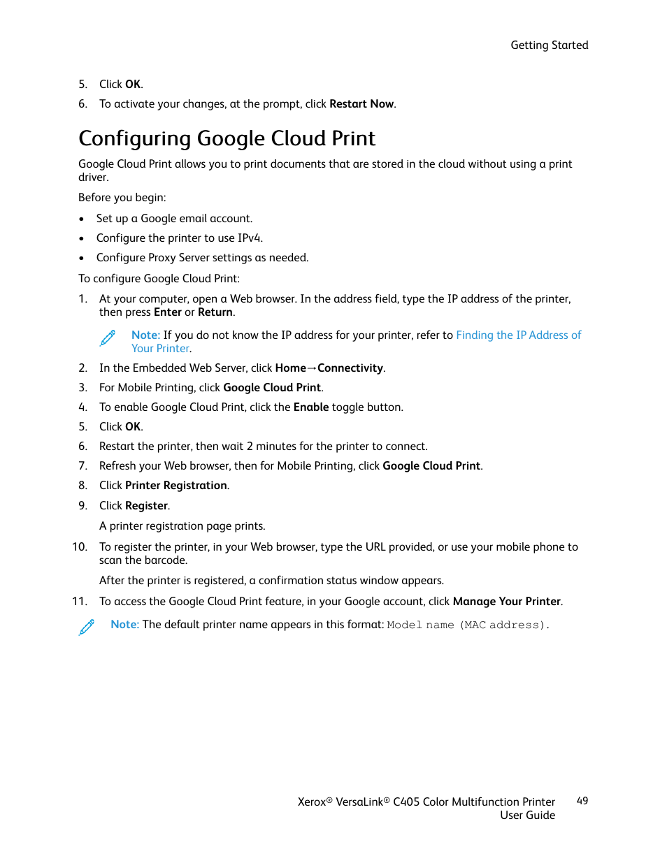 Configuring google cloud print | Xerox VersaLink C405/DN All-in-One Color Laser Printer User Manual | Page 49 / 271