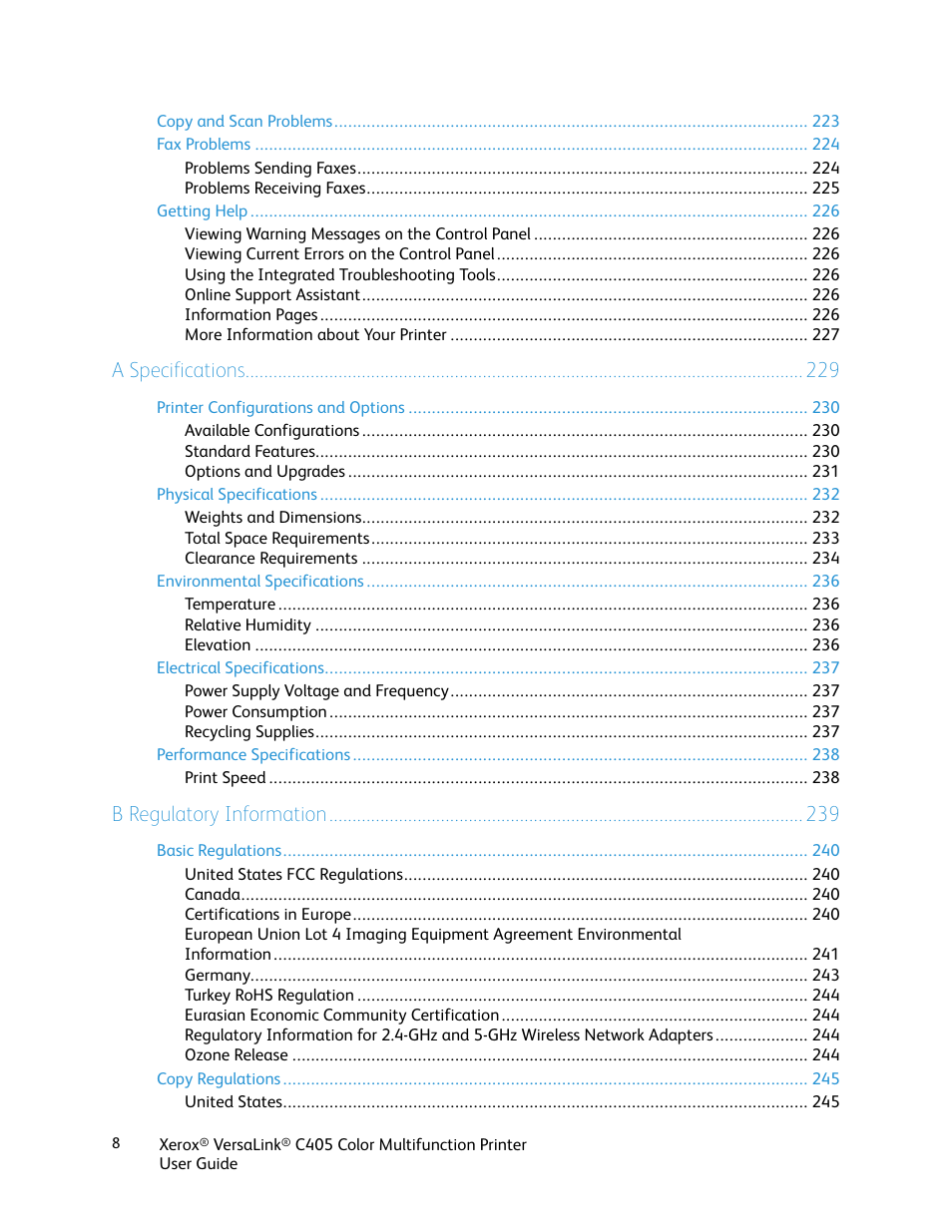 A specifications, B regulatory information | Xerox VersaLink C405/DN All-in-One Color Laser Printer User Manual | Page 8 / 271