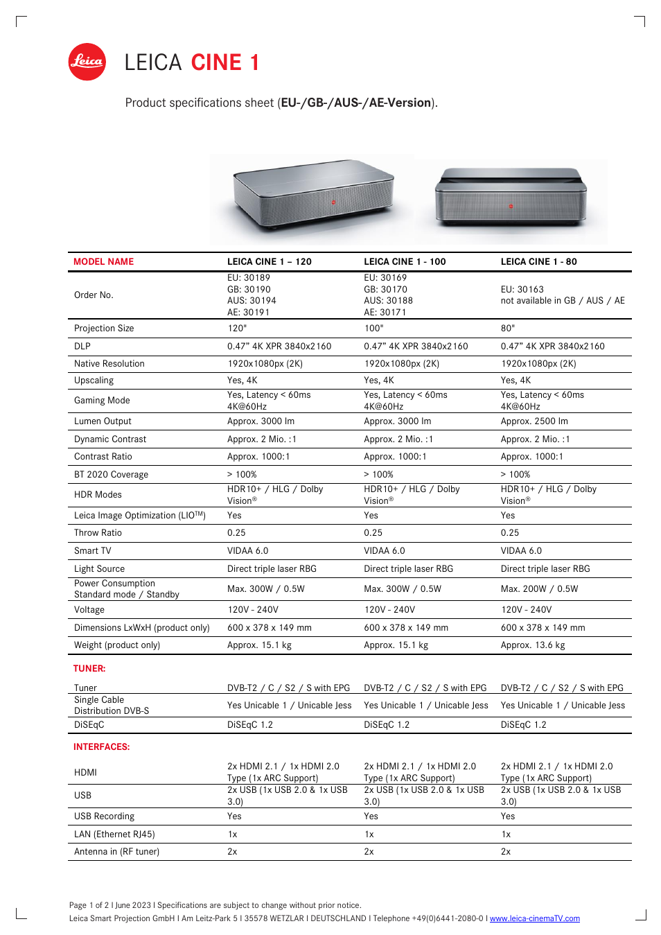 LEICA Cine 1 100" 3000-Lumen XPR UHD 4K Ultra Short-Throw SmHome Theater Projector User Manual | 2 pages