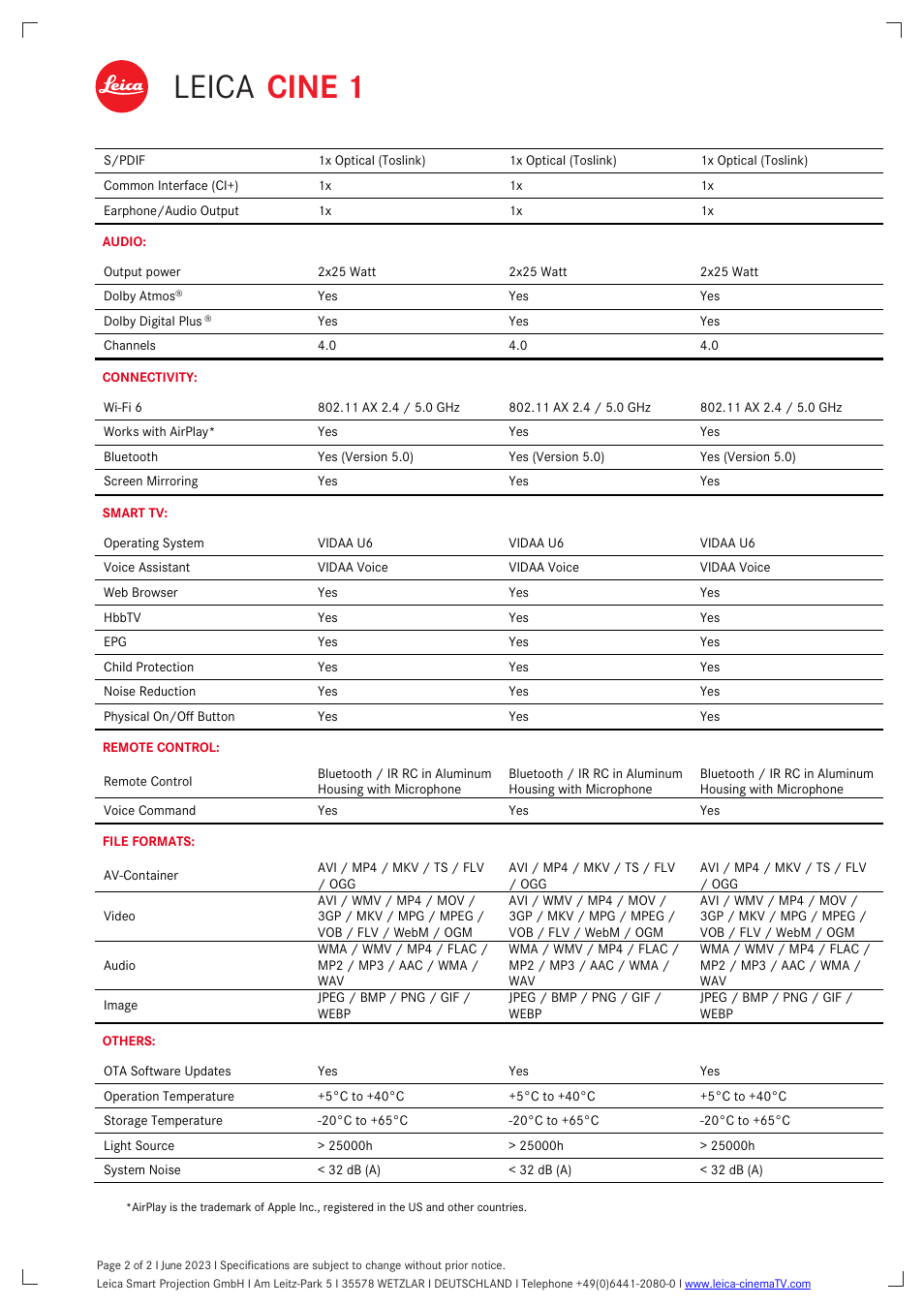 Leica cine 1 | LEICA Cine 1 100" 3000-Lumen XPR UHD 4K Ultra Short-Throw SmHome Theater Projector User Manual | Page 2 / 2