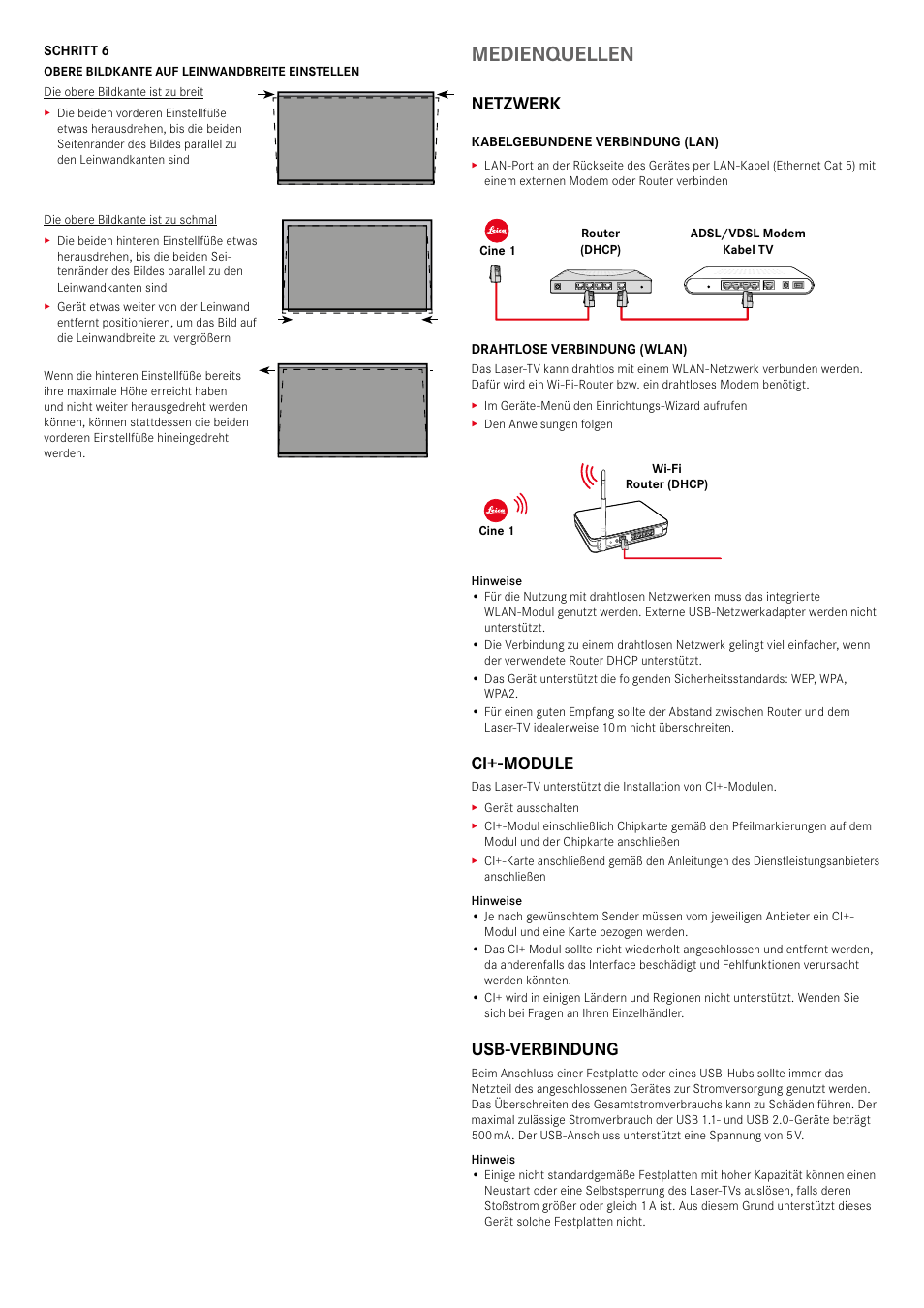 Medienquellen, Netzwerk, Ci+-module | Usb-verbindung | LEICA Cine 1 100" 3000-Lumen XPR UHD 4K Ultra Short-Throw SmHome Theater Projector User Manual | Page 11 / 99