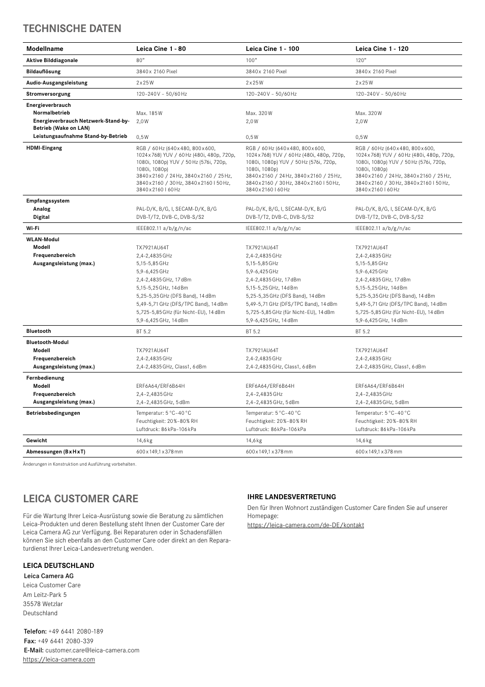 Technische daten, Leica customer care | LEICA Cine 1 100" 3000-Lumen XPR UHD 4K Ultra Short-Throw SmHome Theater Projector User Manual | Page 14 / 99