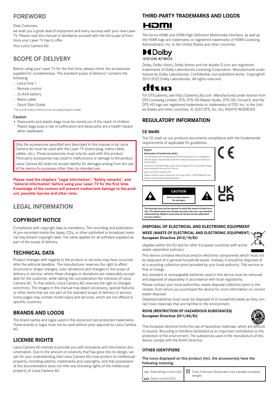 Foreword, Scope of delivery, Legal information | Copyright notice, Technical data, Brands and logos, License rights, Third-party trademarks and logos, Regulatory information | LEICA Cine 1 100" 3000-Lumen XPR UHD 4K Ultra Short-Throw SmHome Theater Projector User Manual | Page 16 / 99