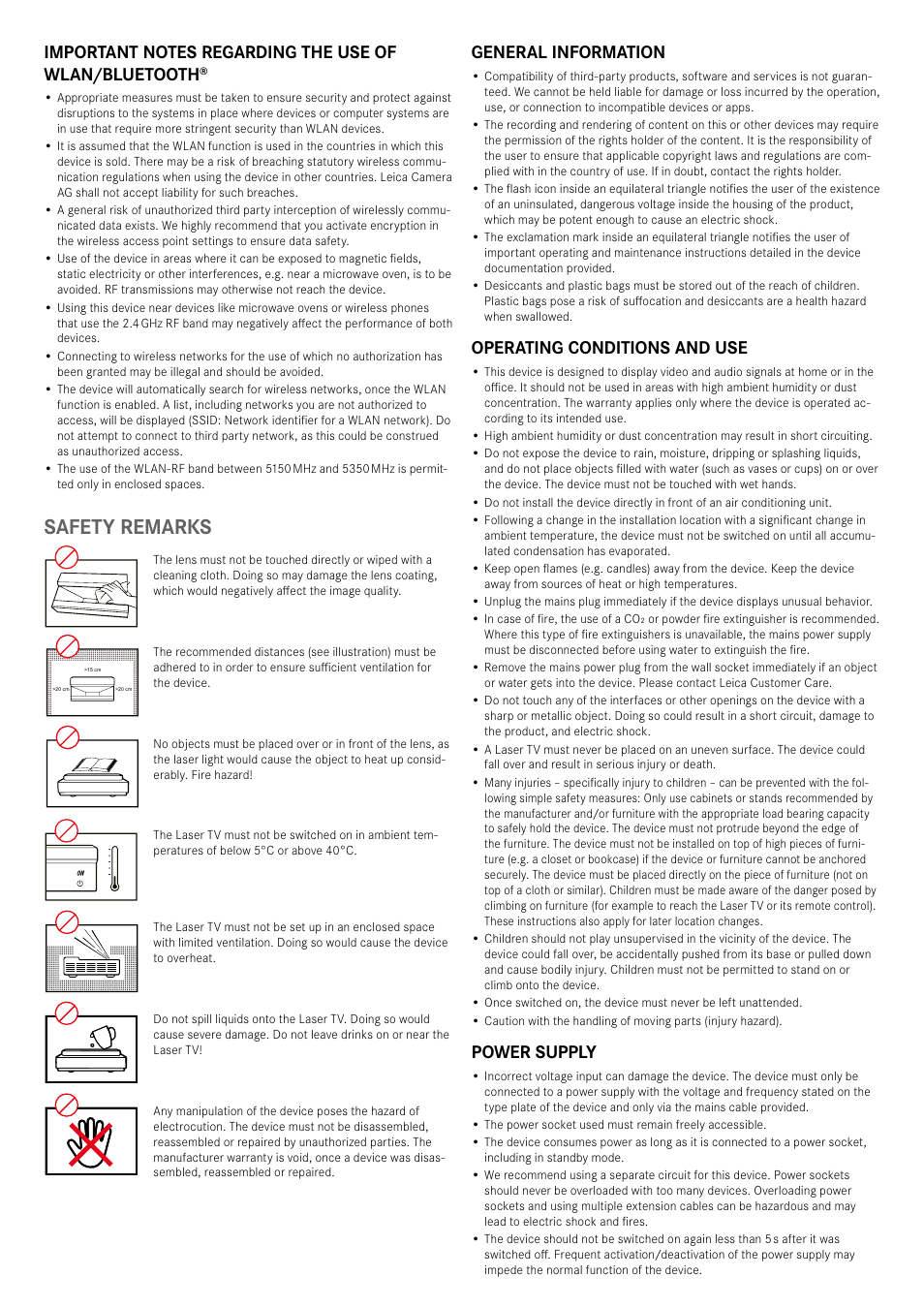 Safety remarks, General information, Operating conditions and use | Power supply | LEICA Cine 1 100" 3000-Lumen XPR UHD 4K Ultra Short-Throw SmHome Theater Projector User Manual | Page 17 / 99