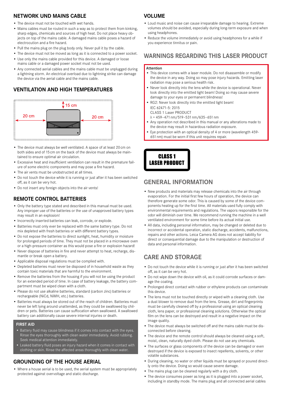 Warnings regarding this laser product, General information, Care and storage | Network und mains cable, Ventilation and high temperatures, Remote control batteries, Grounding of the house aerial, Volume | LEICA Cine 1 100" 3000-Lumen XPR UHD 4K Ultra Short-Throw SmHome Theater Projector User Manual | Page 18 / 99