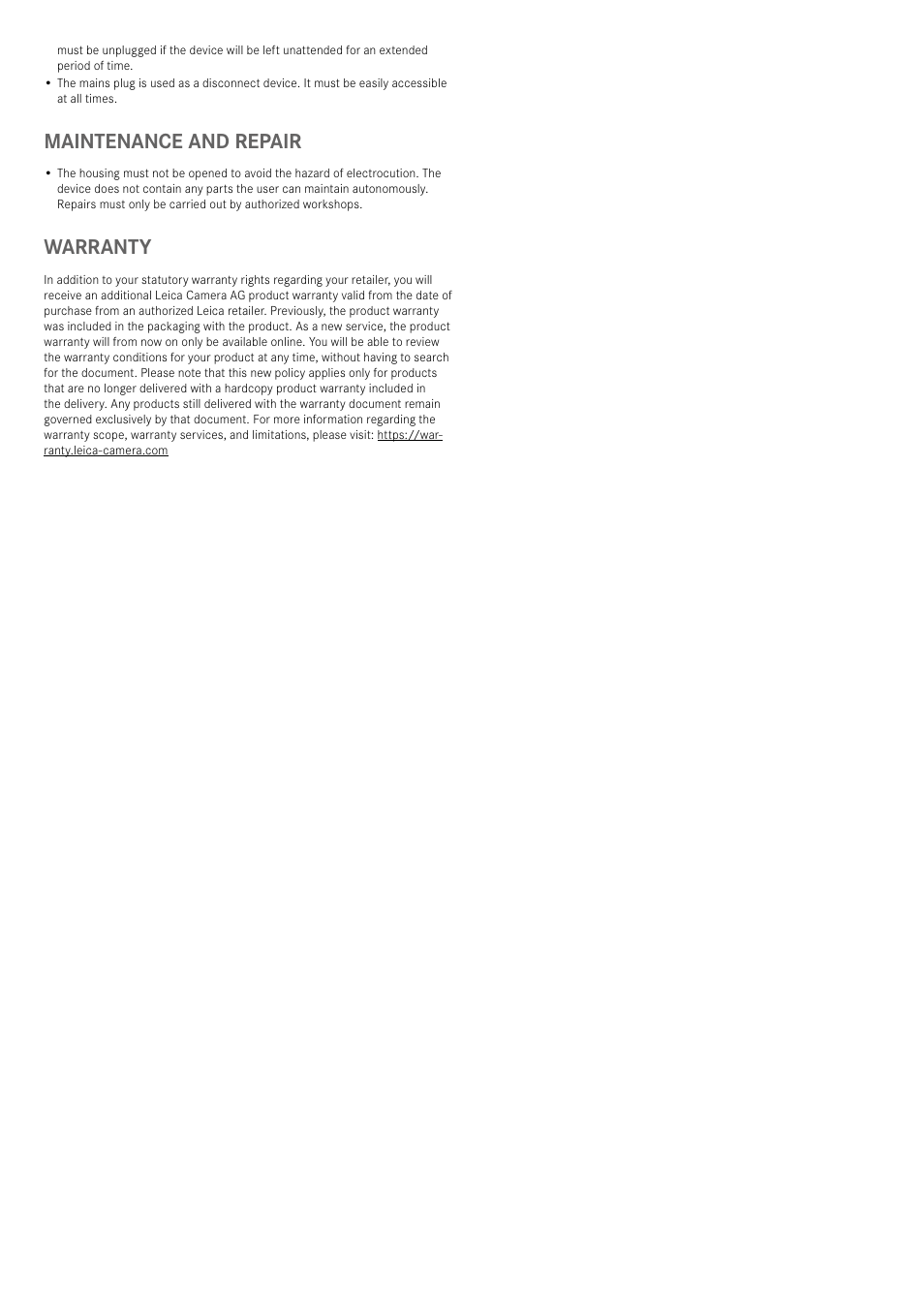 Maintenance and repair, Warranty | LEICA Cine 1 100" 3000-Lumen XPR UHD 4K Ultra Short-Throw SmHome Theater Projector User Manual | Page 19 / 99