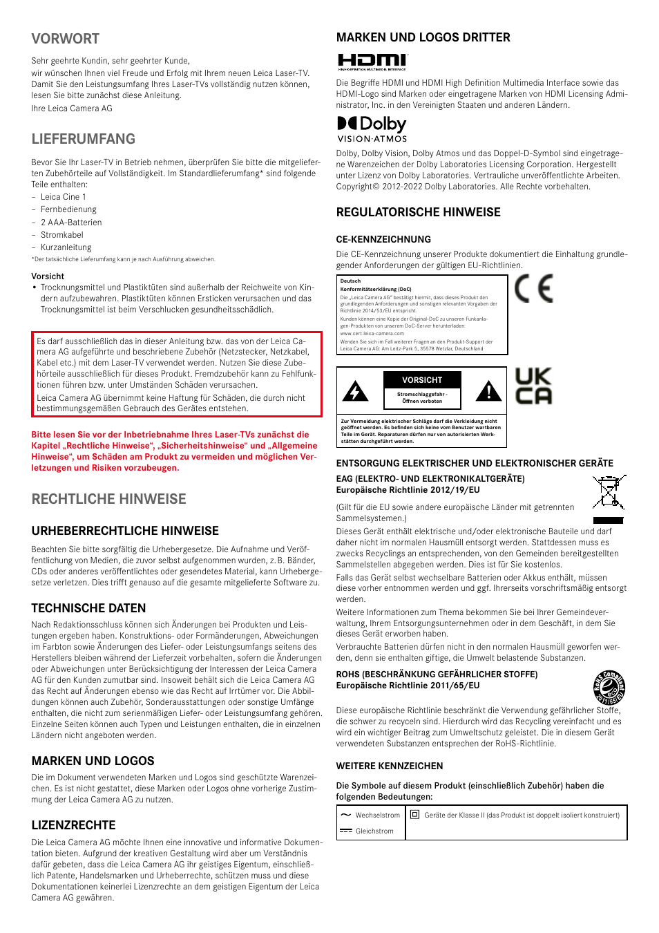 Vorwort, Lieferumfang, Rechtliche hinweise | Urheberrechtliche hinweise, Technische daten, Marken und logos, Lizenzrechte, Marken und logos dritter, Regulatorische hinweise | LEICA Cine 1 100" 3000-Lumen XPR UHD 4K Ultra Short-Throw SmHome Theater Projector User Manual | Page 2 / 99