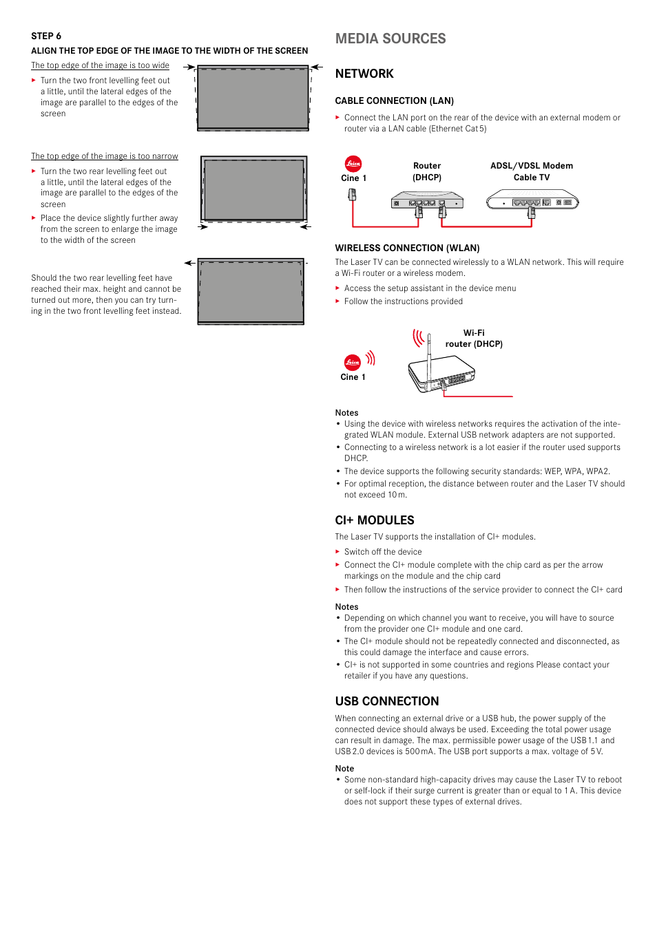Media sources, Network, Ci+ modules | Usb connection | LEICA Cine 1 100" 3000-Lumen XPR UHD 4K Ultra Short-Throw SmHome Theater Projector User Manual | Page 25 / 99