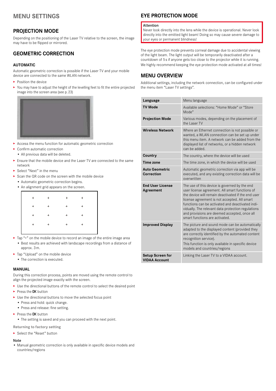 Menu settings, Projection mode, Geometric correction | Eye protection mode, Menu overview | LEICA Cine 1 100" 3000-Lumen XPR UHD 4K Ultra Short-Throw SmHome Theater Projector User Manual | Page 26 / 99