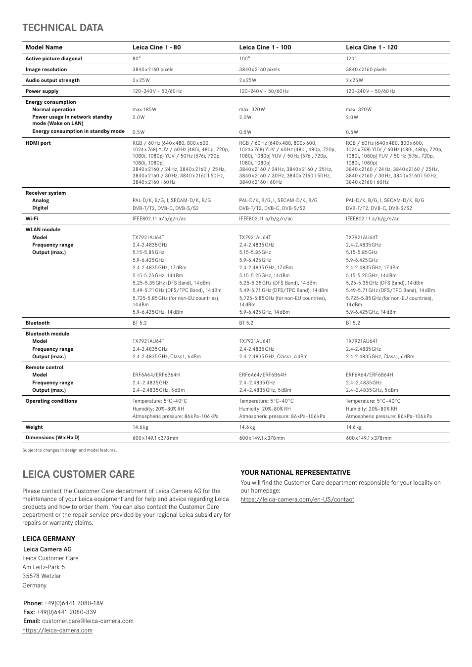 Technical data, Leica customer care | LEICA Cine 1 100" 3000-Lumen XPR UHD 4K Ultra Short-Throw SmHome Theater Projector User Manual | Page 28 / 99