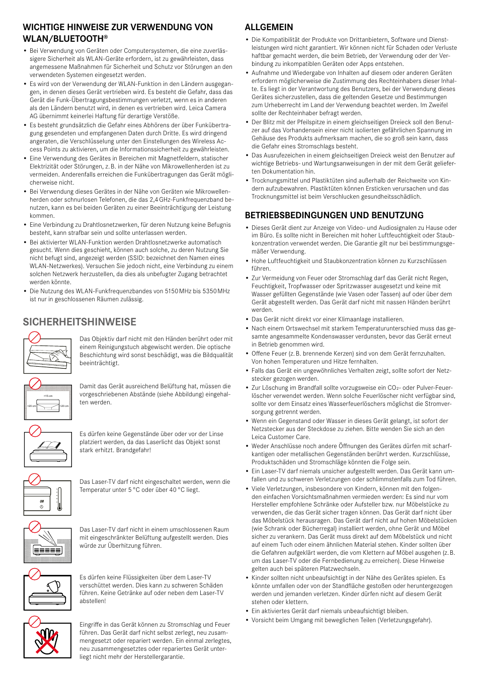 Sicherheitshinweise, Allgemein, Betriebs bedingungen und benutzung | LEICA Cine 1 100" 3000-Lumen XPR UHD 4K Ultra Short-Throw SmHome Theater Projector User Manual | Page 3 / 99