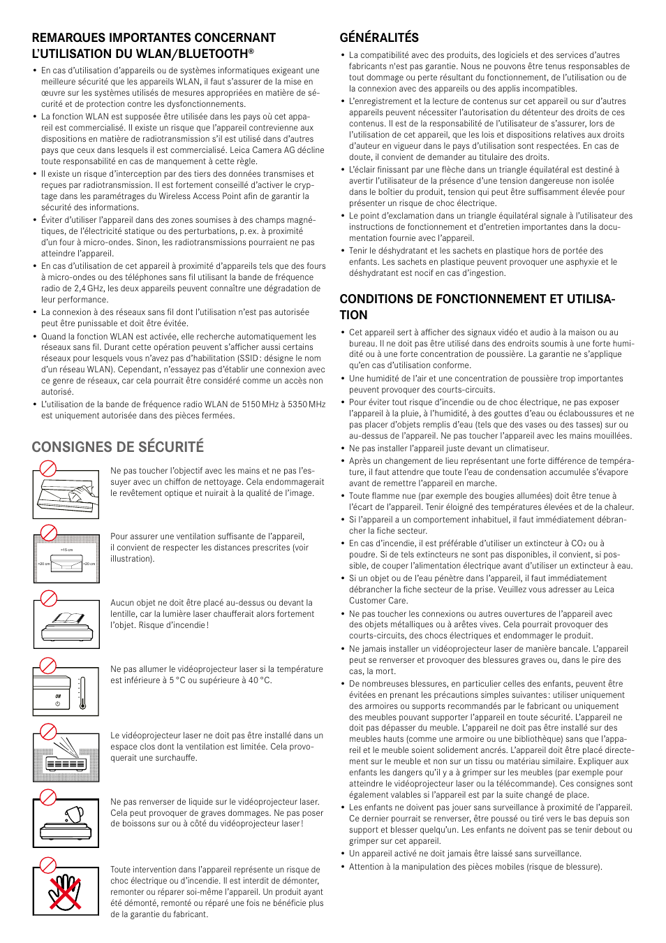 Consignes de sécurité, Généralités, Conditions de fonctionnement et utilisa- tion | LEICA Cine 1 100" 3000-Lumen XPR UHD 4K Ultra Short-Throw SmHome Theater Projector User Manual | Page 31 / 99