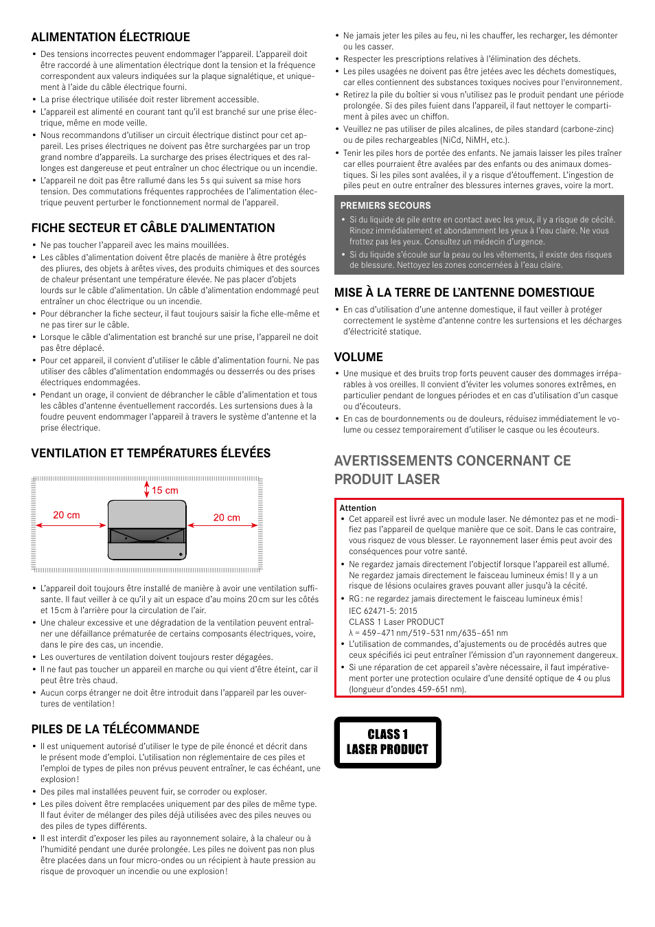 Avertissements concernant ce produit laser, Alimentation électrique, Fiche secteur et câble d’alimentation | Ventilation et températures élevées, Piles de la télécommande, Mise à la terre de l’antenne domestique, Volume | LEICA Cine 1 100" 3000-Lumen XPR UHD 4K Ultra Short-Throw SmHome Theater Projector User Manual | Page 32 / 99