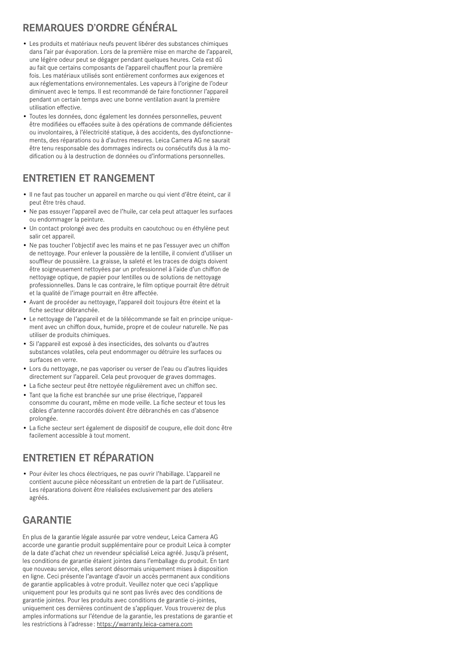 Remarques d’ordre général, Entretien et rangement, Entretien et réparation | Garantie | LEICA Cine 1 100" 3000-Lumen XPR UHD 4K Ultra Short-Throw SmHome Theater Projector User Manual | Page 33 / 99