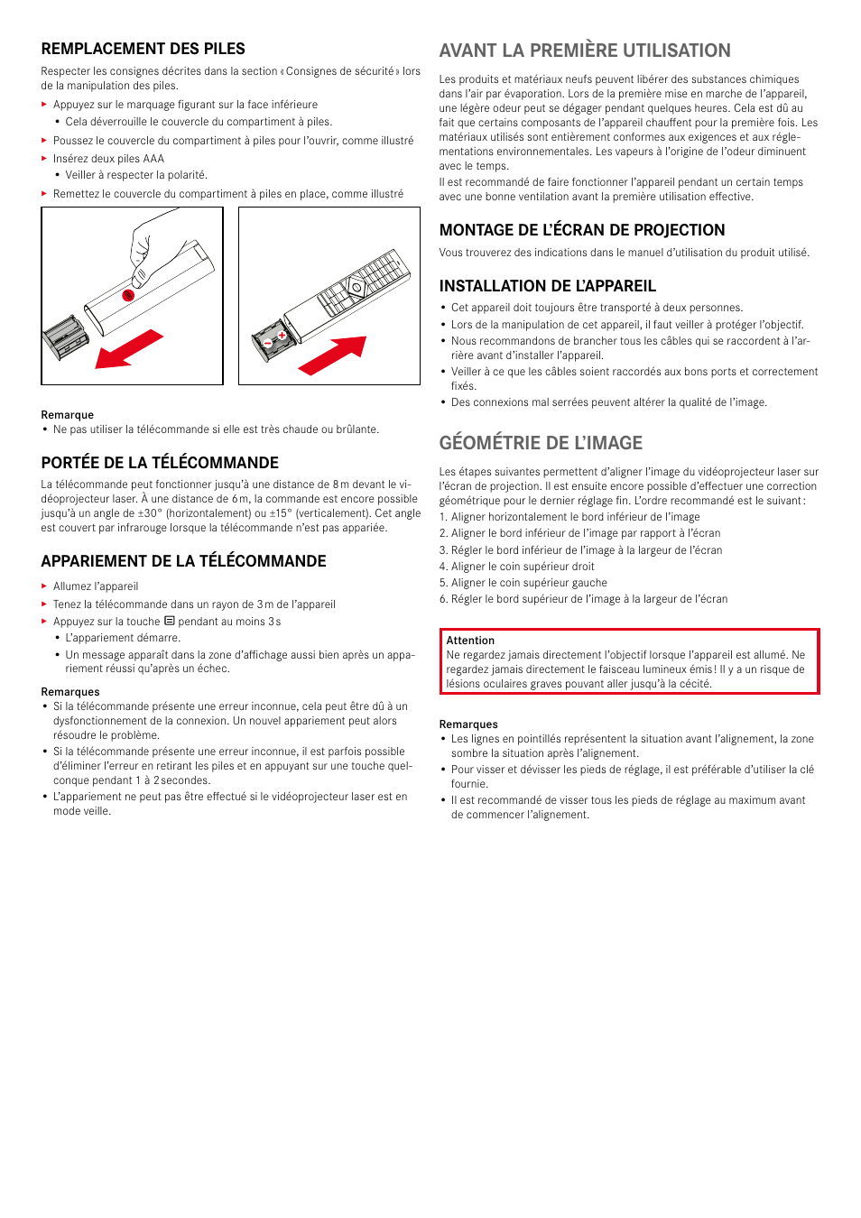 Avant la première utilisation, Géométrie de l’image, Remplacement des piles | Portée de la télécommande, Appariement de la télécommande, Montage de l’écran de projection, Installation de l’appareil | LEICA Cine 1 100" 3000-Lumen XPR UHD 4K Ultra Short-Throw SmHome Theater Projector User Manual | Page 37 / 99