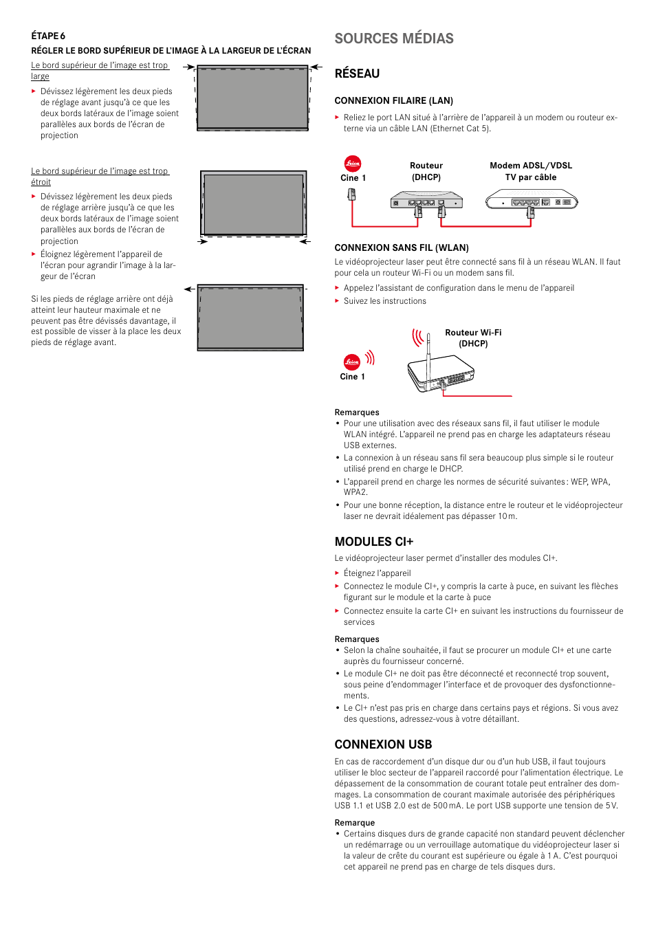 Sources médias, Réseau, Modules ci | Connexion usb | LEICA Cine 1 100" 3000-Lumen XPR UHD 4K Ultra Short-Throw SmHome Theater Projector User Manual | Page 39 / 99