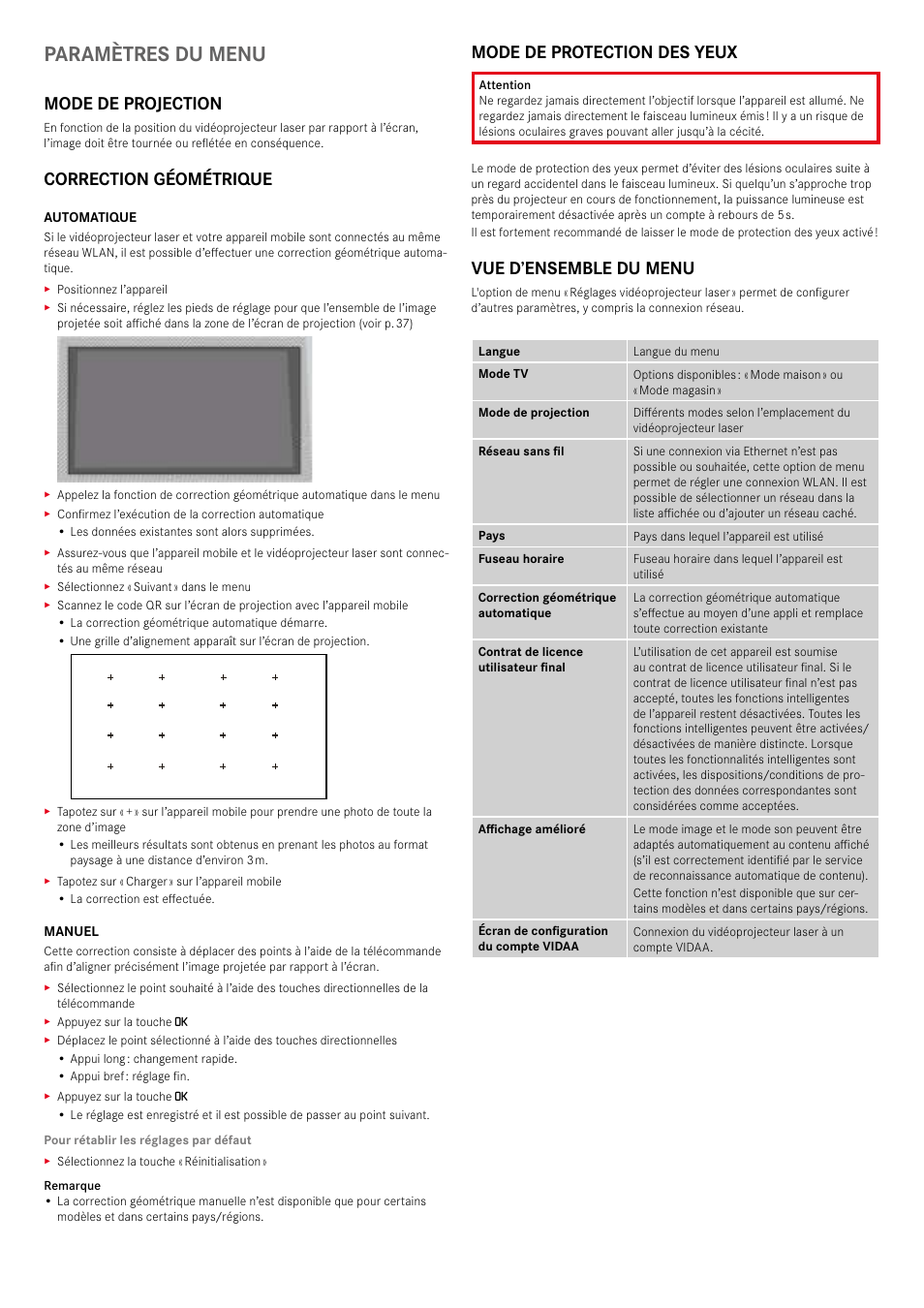 Paramètres du menu, Mode de projection, Correction géométrique | Mode de protection des yeux, Vue d’ensemble du menu | LEICA Cine 1 100" 3000-Lumen XPR UHD 4K Ultra Short-Throw SmHome Theater Projector User Manual | Page 40 / 99
