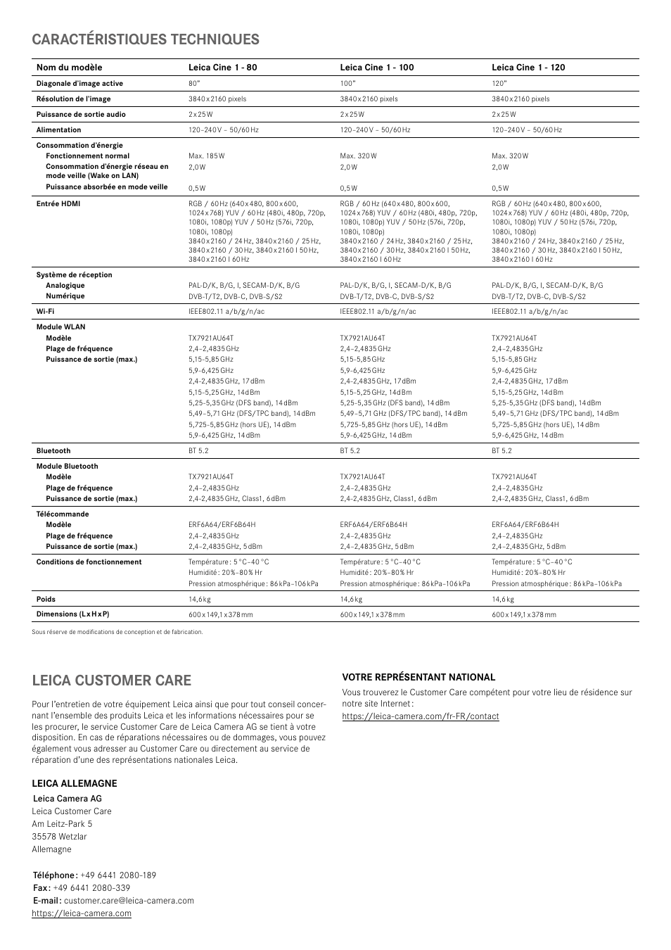 Caractéristiques techniques, Leica customer care | LEICA Cine 1 100" 3000-Lumen XPR UHD 4K Ultra Short-Throw SmHome Theater Projector User Manual | Page 42 / 99