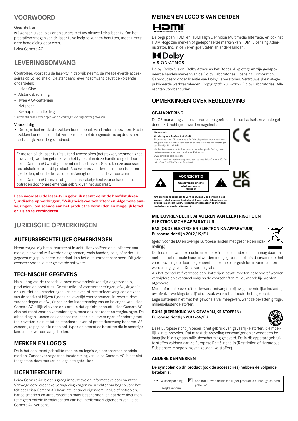 Voorwoord, Leveringsomvang, Juridische opmerkingen | Auteursrechtelijke opmerkingen, Technische gegevens, Merken en logo's, Licentierechten, Merken en logo's van derden, Opmerkingen over regelgeving | LEICA Cine 1 100