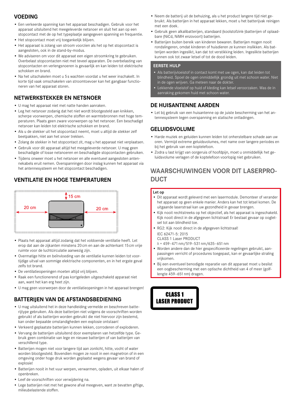 Waarschuwingen voor dit laserpro- duct, Voeding, Netwerkstekker en netsnoer | Ventilatie en hoge temperaturen, Batterijen van de afstandsbediening, De huisantenne aarden, Geluidsvolume | LEICA Cine 1 100" 3000-Lumen XPR UHD 4K Ultra Short-Throw SmHome Theater Projector User Manual | Page 46 / 99