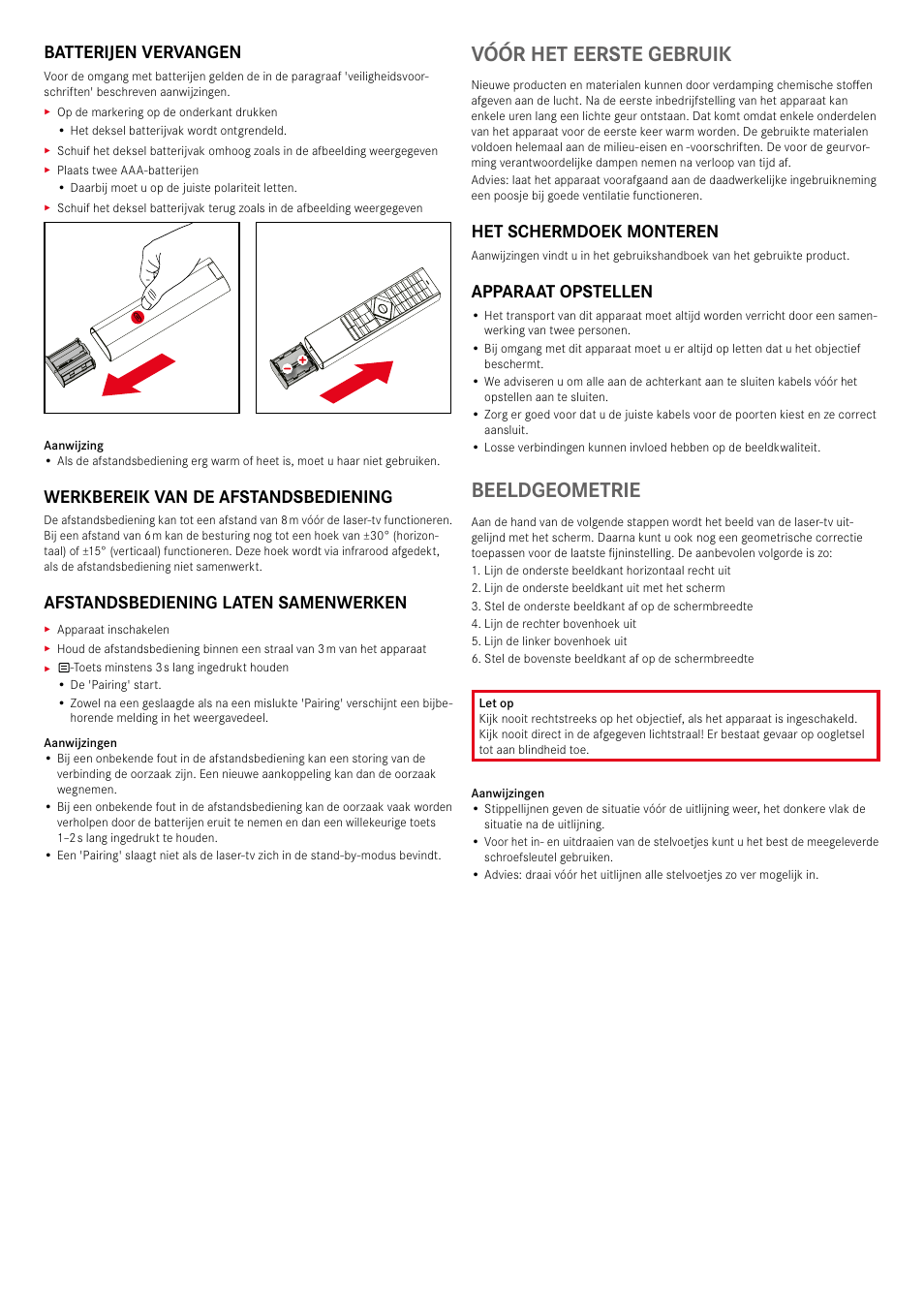 Vóór het eerste gebruik, Beeldgeometrie, Batterijen vervangen | Werkbereik van de afstandsbediening, Afstandsbediening laten samenwerken, Het schermdoek monteren, Apparaat opstellen | LEICA Cine 1 100" 3000-Lumen XPR UHD 4K Ultra Short-Throw SmHome Theater Projector User Manual | Page 51 / 99