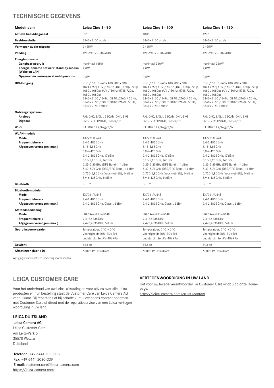 Technische gegevens, Leica customer care | LEICA Cine 1 100" 3000-Lumen XPR UHD 4K Ultra Short-Throw SmHome Theater Projector User Manual | Page 56 / 99