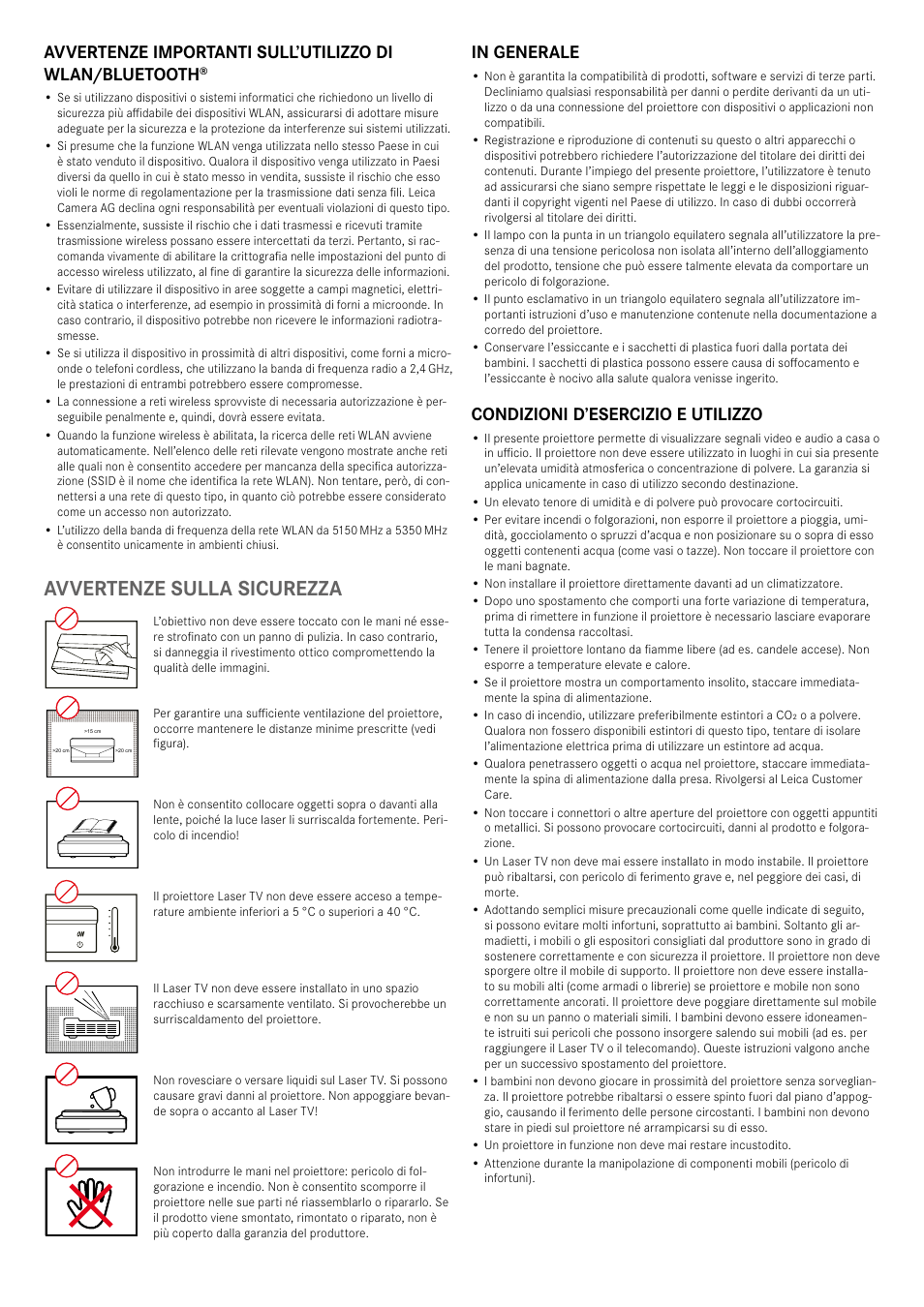 Avvertenze sulla sicurezza, Condizioni d’esercizio e utilizzo | LEICA Cine 1 100" 3000-Lumen XPR UHD 4K Ultra Short-Throw SmHome Theater Projector User Manual | Page 59 / 99