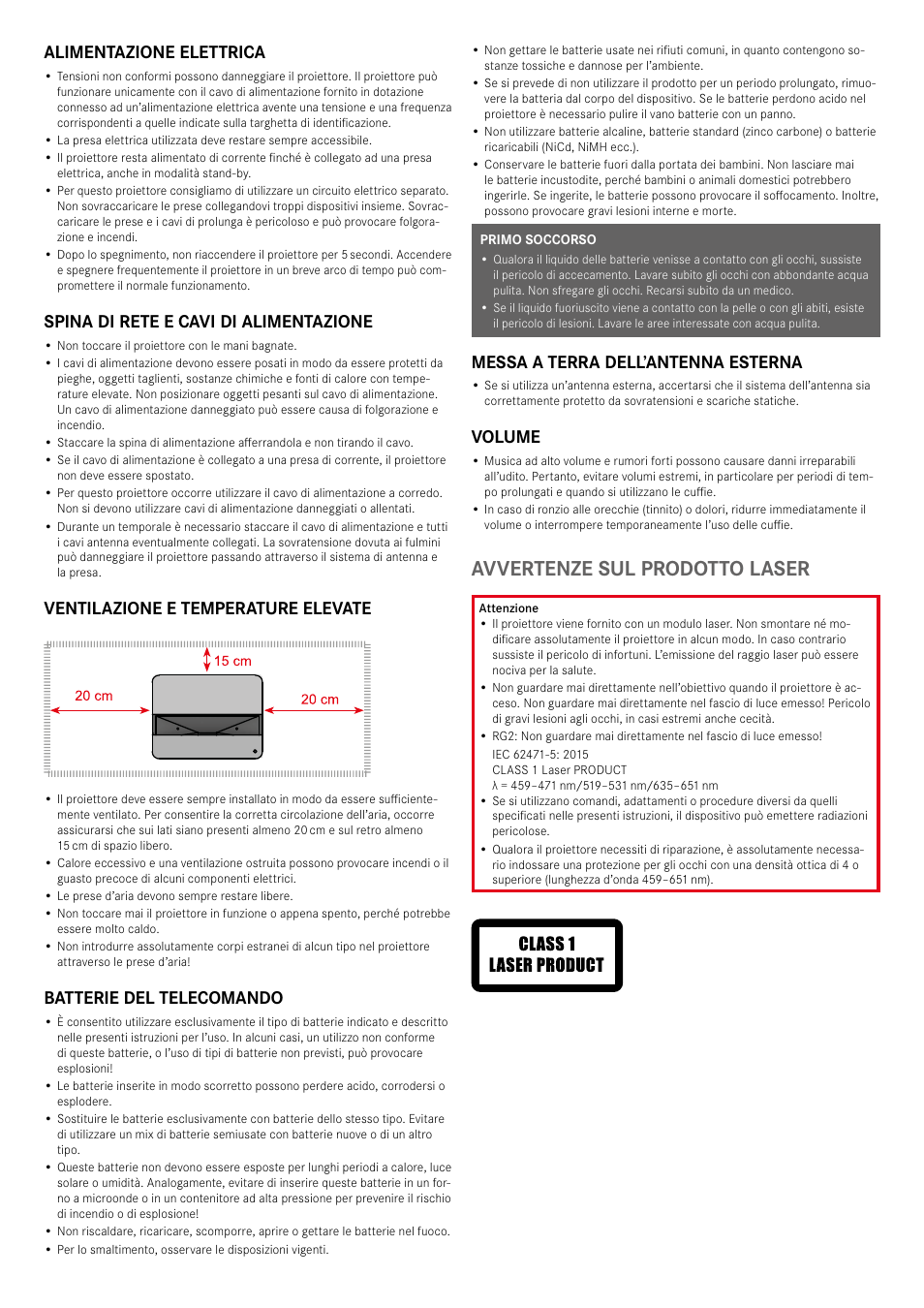 Avvertenze sul prodotto laser, Alimentazione elettrica, Spina di rete e cavi di alimentazione | Ventilazione e temperature elevate, Batterie del telecomando, Messa a terra dell’antenna esterna, Volume | LEICA Cine 1 100" 3000-Lumen XPR UHD 4K Ultra Short-Throw SmHome Theater Projector User Manual | Page 60 / 99