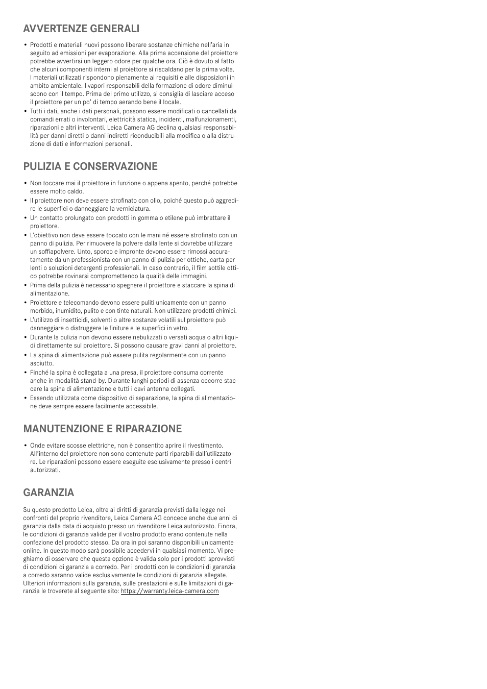 Avvertenze generali, Pulizia e conservazione, Manutenzione e riparazione | Garanzia | LEICA Cine 1 100" 3000-Lumen XPR UHD 4K Ultra Short-Throw SmHome Theater Projector User Manual | Page 61 / 99