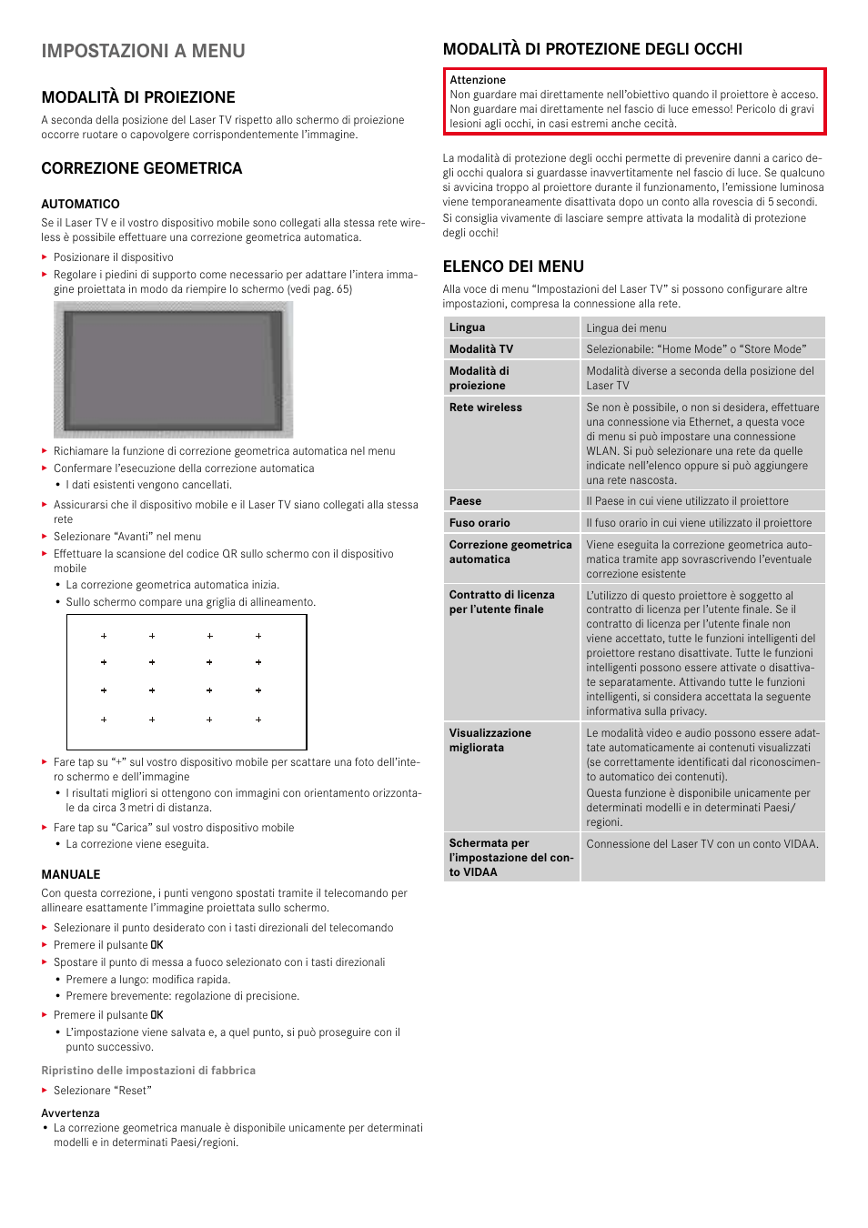 Impostazioni a menu, Modalità di proiezione, Correzione geometrica | Modalità di protezione degli occhi, Elenco dei menu | LEICA Cine 1 100" 3000-Lumen XPR UHD 4K Ultra Short-Throw SmHome Theater Projector User Manual | Page 68 / 99