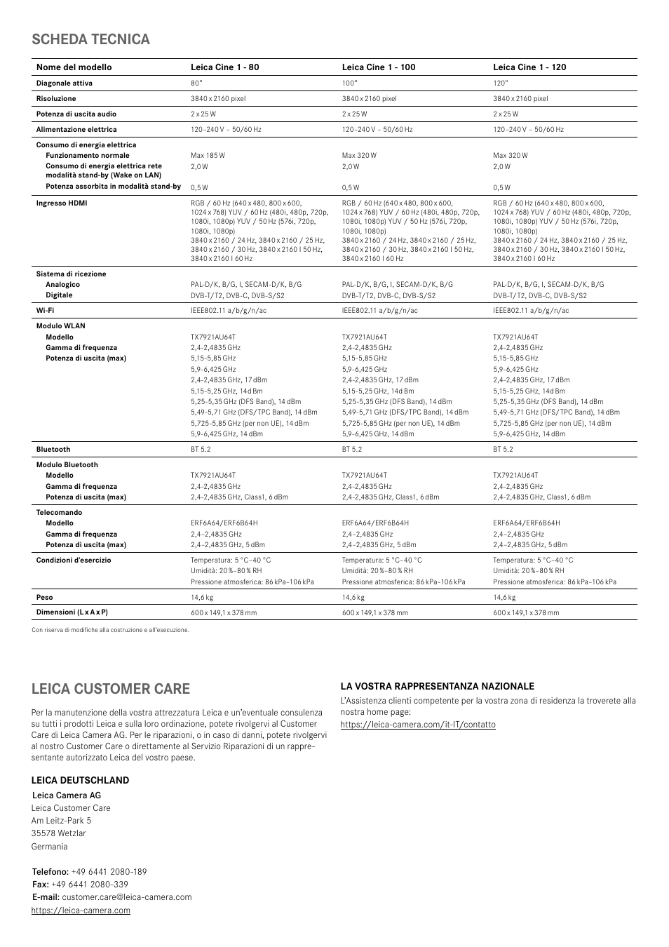 Scheda tecnica, Leica customer care | LEICA Cine 1 100" 3000-Lumen XPR UHD 4K Ultra Short-Throw SmHome Theater Projector User Manual | Page 70 / 99