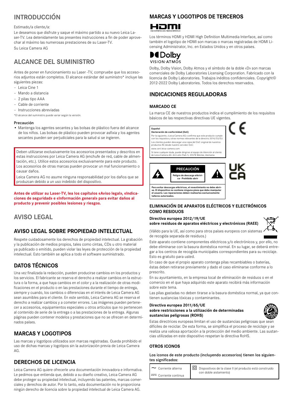 Introducción, Alcance del suministro, Aviso legal | Aviso legal sobre propiedad intelectual, Datos técnicos, Marcas y logotipos, Derechos de licencia, Marcas y logotipos de terceros, Indicaciones reguladoras | LEICA Cine 1 100" 3000-Lumen XPR UHD 4K Ultra Short-Throw SmHome Theater Projector User Manual | Page 72 / 99