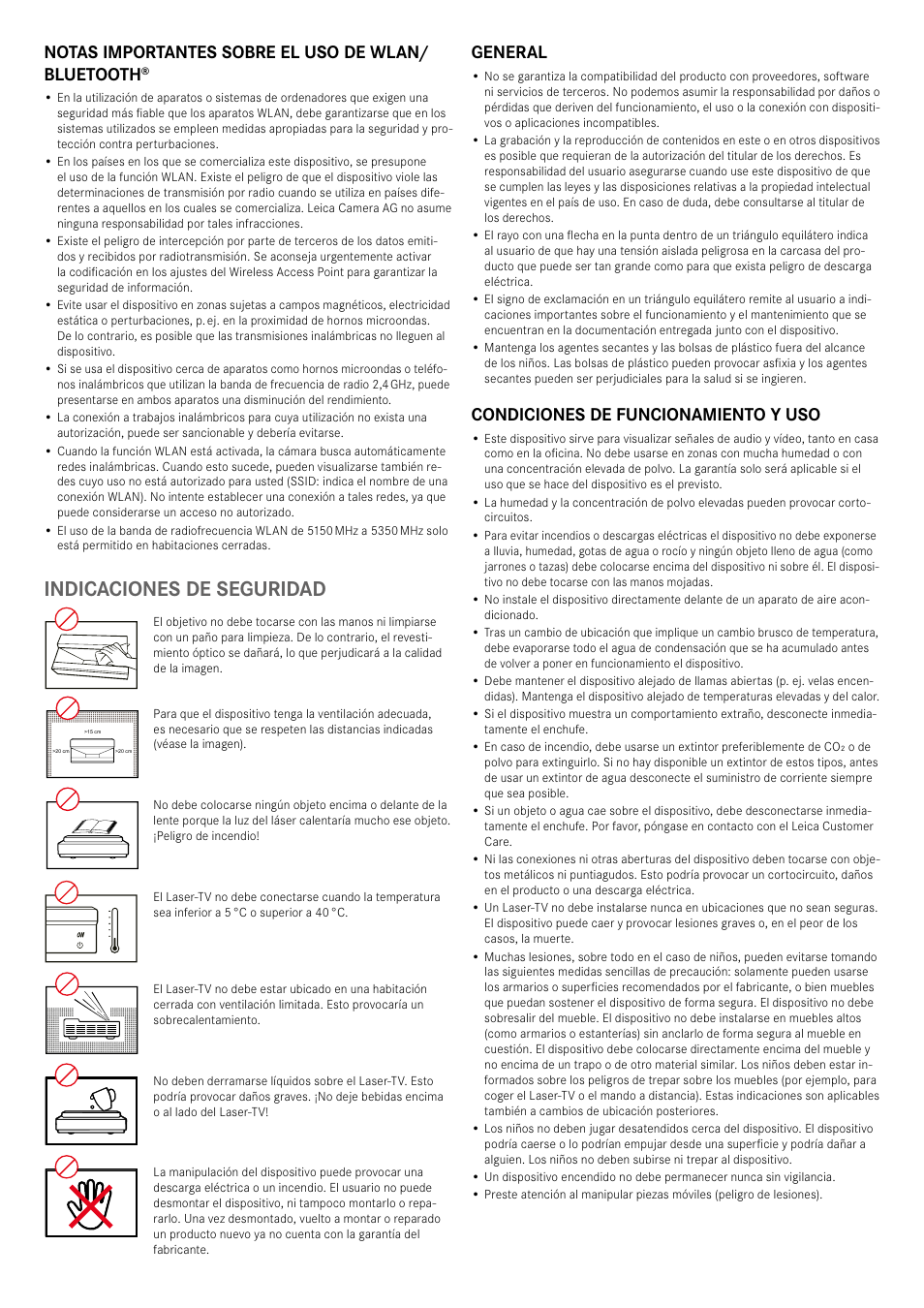 Indicaciones de seguridad, Notas importantes sobre el uso de wlan/ bluetooth, General | Condiciones de funcionamiento y uso | LEICA Cine 1 100" 3000-Lumen XPR UHD 4K Ultra Short-Throw SmHome Theater Projector User Manual | Page 73 / 99