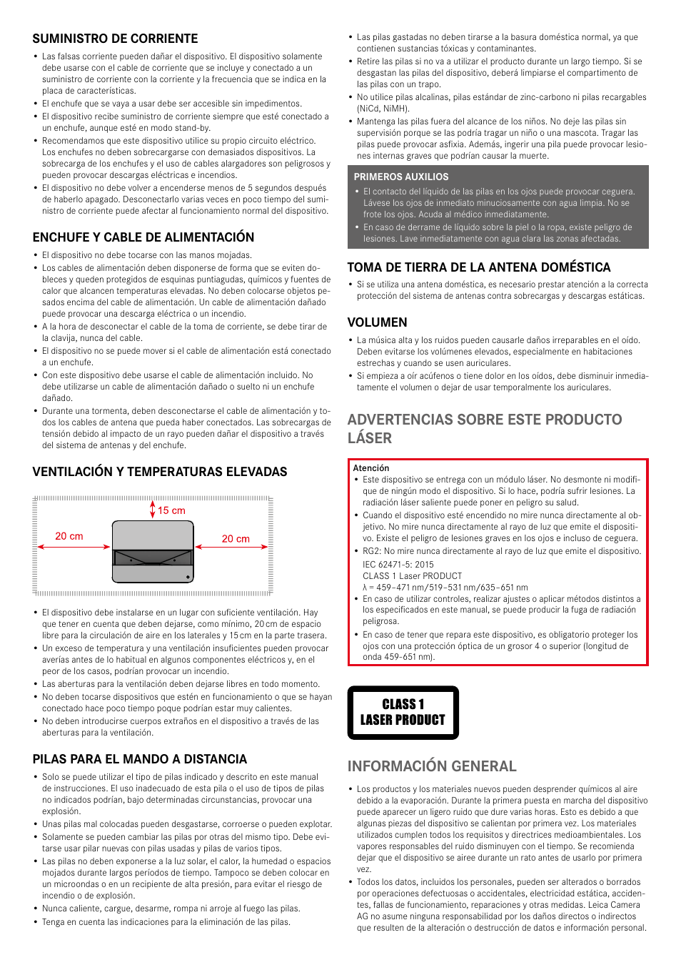 Advertencias sobre este producto láser, Información general, Suministro de corriente | Enchufe y cable de alimentación, Ventilación y temperaturas elevadas, Pilas para el mando a distancia, Toma de tierra de la antena doméstica, Volumen | LEICA Cine 1 100" 3000-Lumen XPR UHD 4K Ultra Short-Throw SmHome Theater Projector User Manual | Page 74 / 99