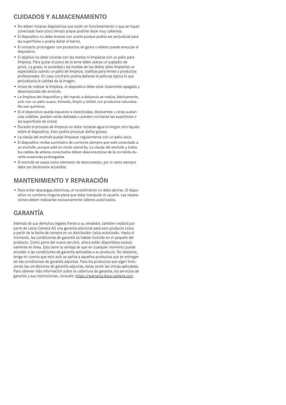 Cuidados y almacenamiento, Mantenimiento y reparación, Garantía | LEICA Cine 1 100" 3000-Lumen XPR UHD 4K Ultra Short-Throw SmHome Theater Projector User Manual | Page 75 / 99