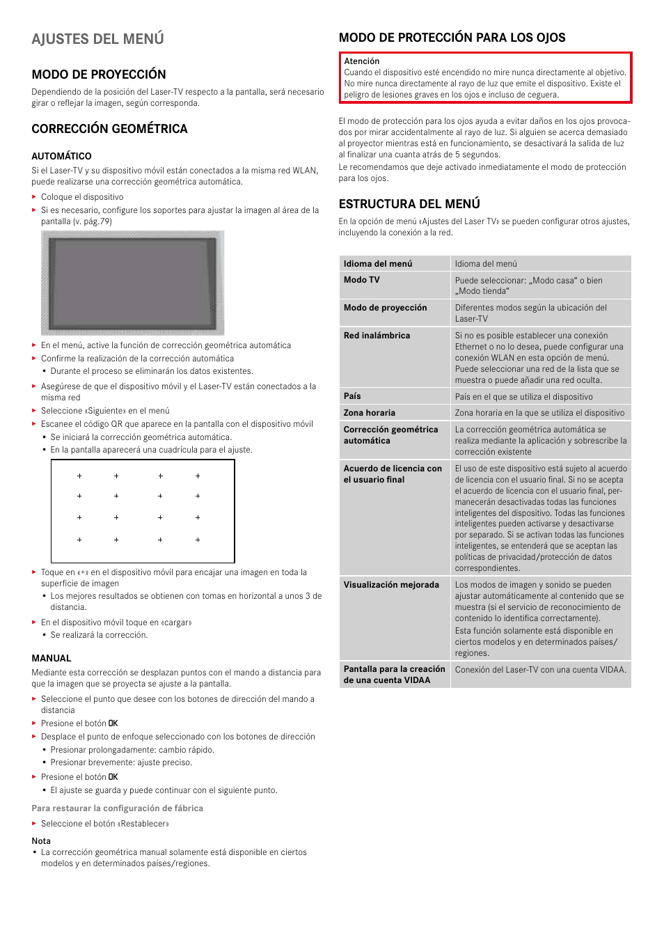 Ajustes del menú, Modo de proyección, Corrección geométrica | Modo de protección para los ojos, Estructura del menú | LEICA Cine 1 100" 3000-Lumen XPR UHD 4K Ultra Short-Throw SmHome Theater Projector User Manual | Page 82 / 99
