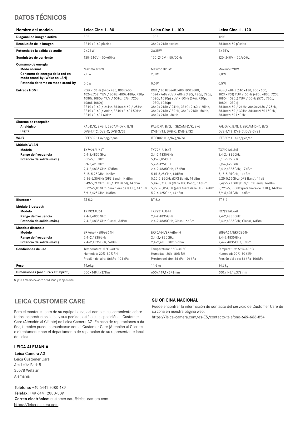 Datos técnicos, Leica customer care | LEICA Cine 1 100" 3000-Lumen XPR UHD 4K Ultra Short-Throw SmHome Theater Projector User Manual | Page 84 / 99