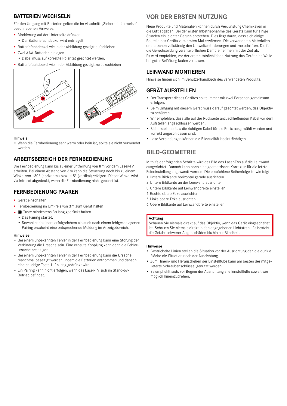 Vor der ersten nutzung, Bild-geometrie, Batterien wechseln | Arbeitsbereich der fernbedienung, Fernbedienung paaren, Leinwand montieren, Gerät aufstellen | LEICA Cine 1 100" 3000-Lumen XPR UHD 4K Ultra Short-Throw SmHome Theater Projector User Manual | Page 9 / 99