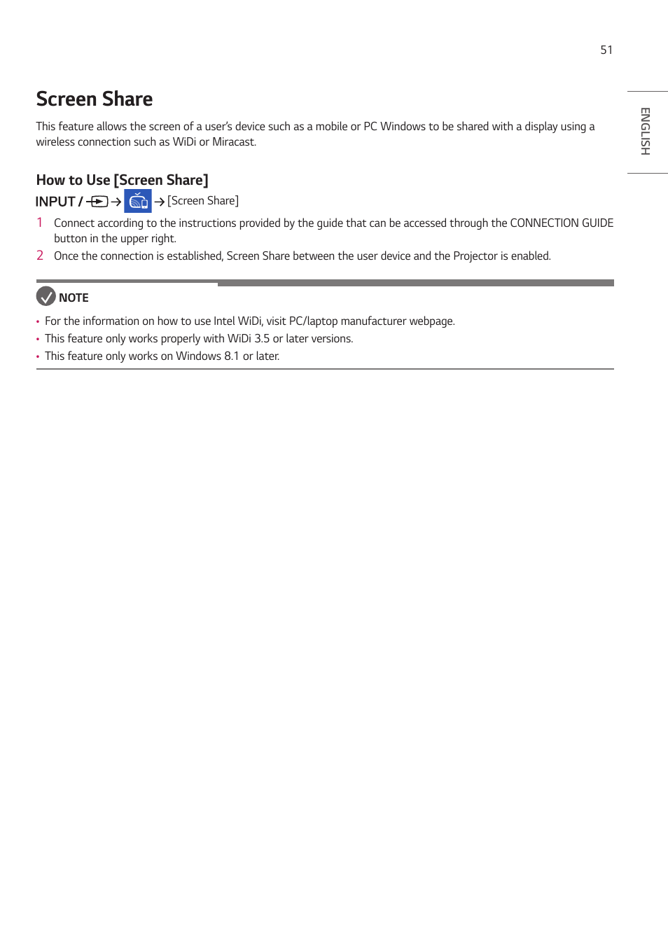 Screen share, How to use [screen share | LG ProBeam BU70QGA 7000-Lumen 4K Laser SmProjector User Manual | Page 106 / 143