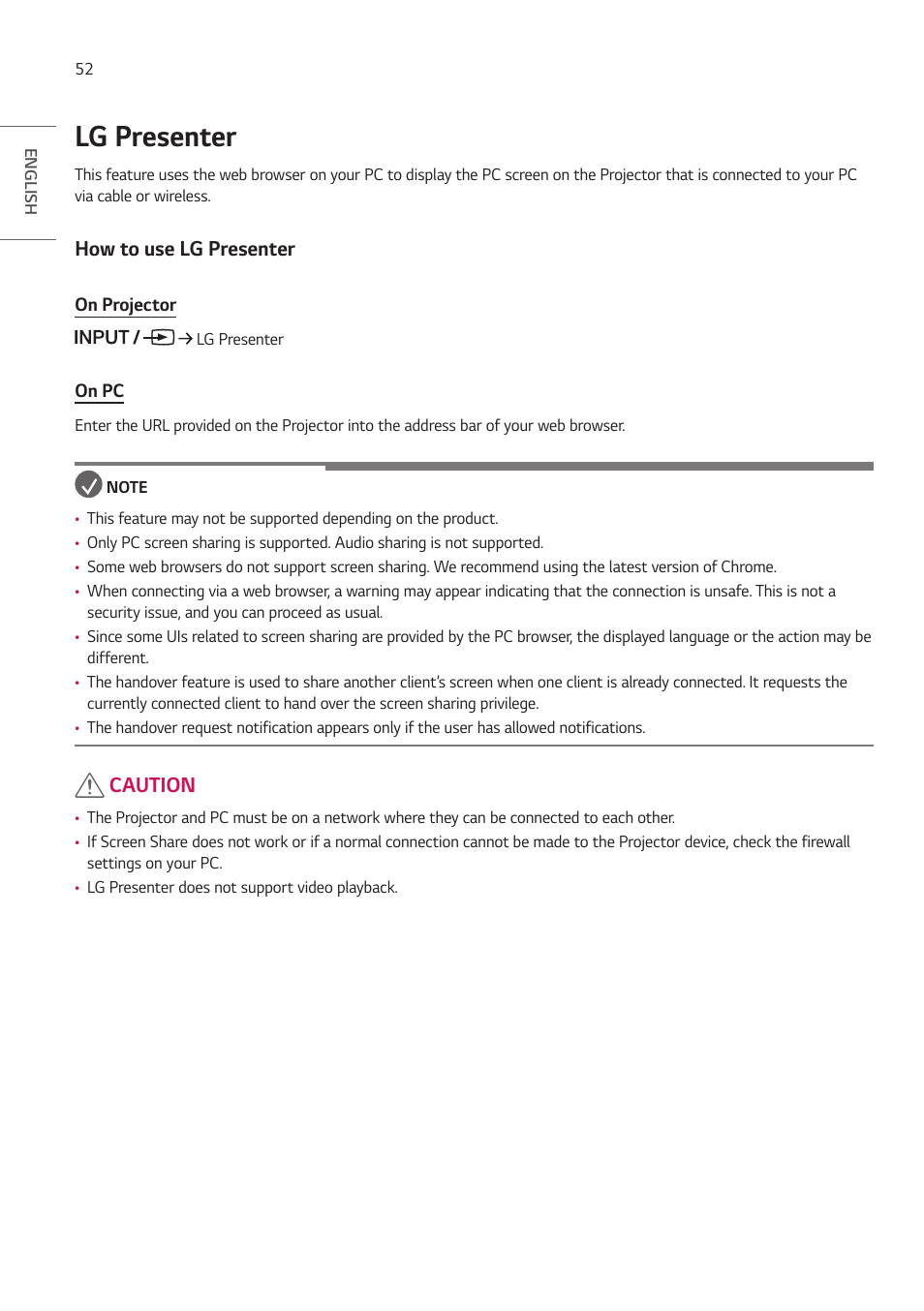 Lg presenter, How to use lg presenter, Caution | LG ProBeam BU70QGA 7000-Lumen 4K Laser SmProjector User Manual | Page 107 / 143