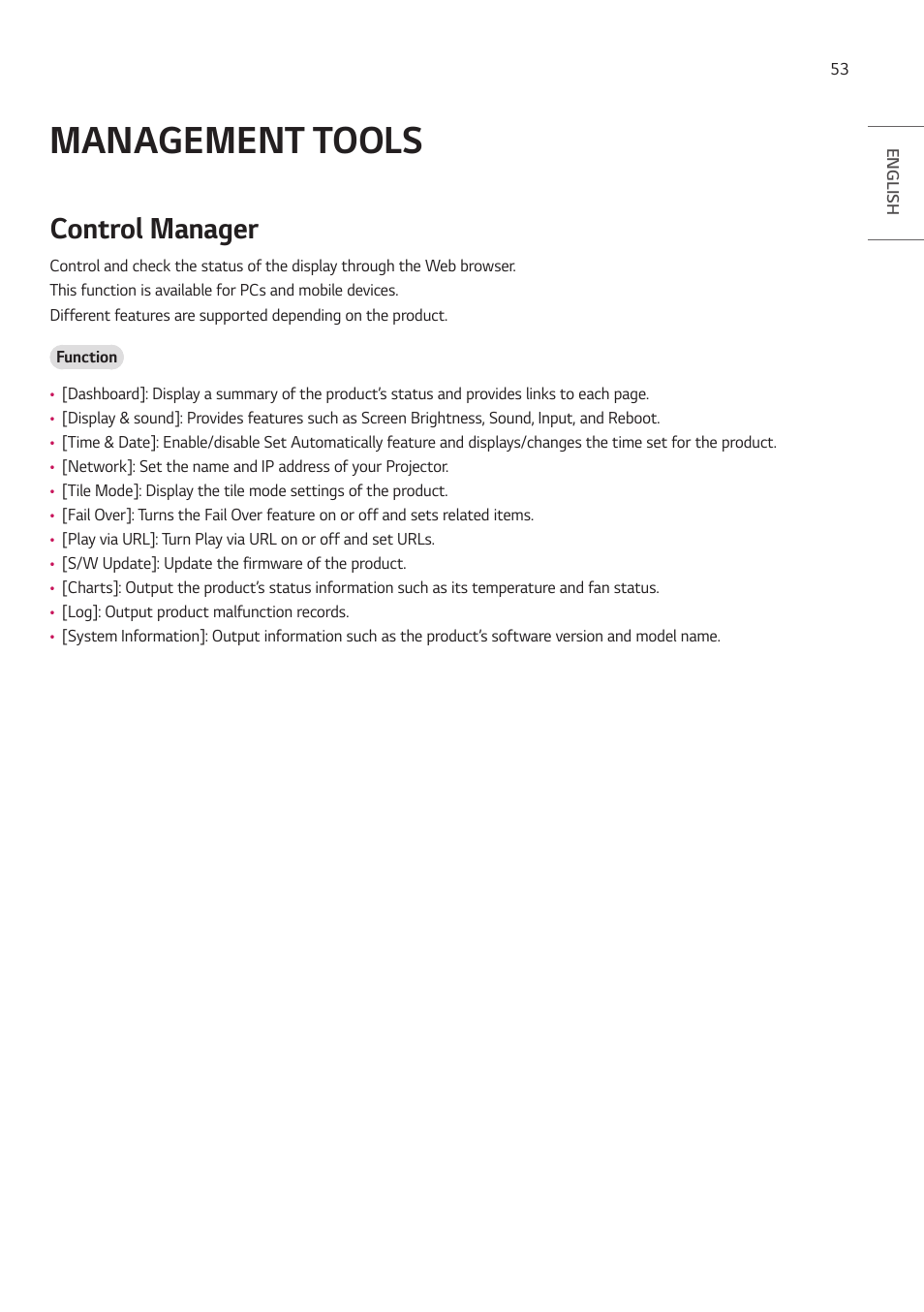Management tools, Control manager | LG ProBeam BU70QGA 7000-Lumen 4K Laser SmProjector User Manual | Page 108 / 143