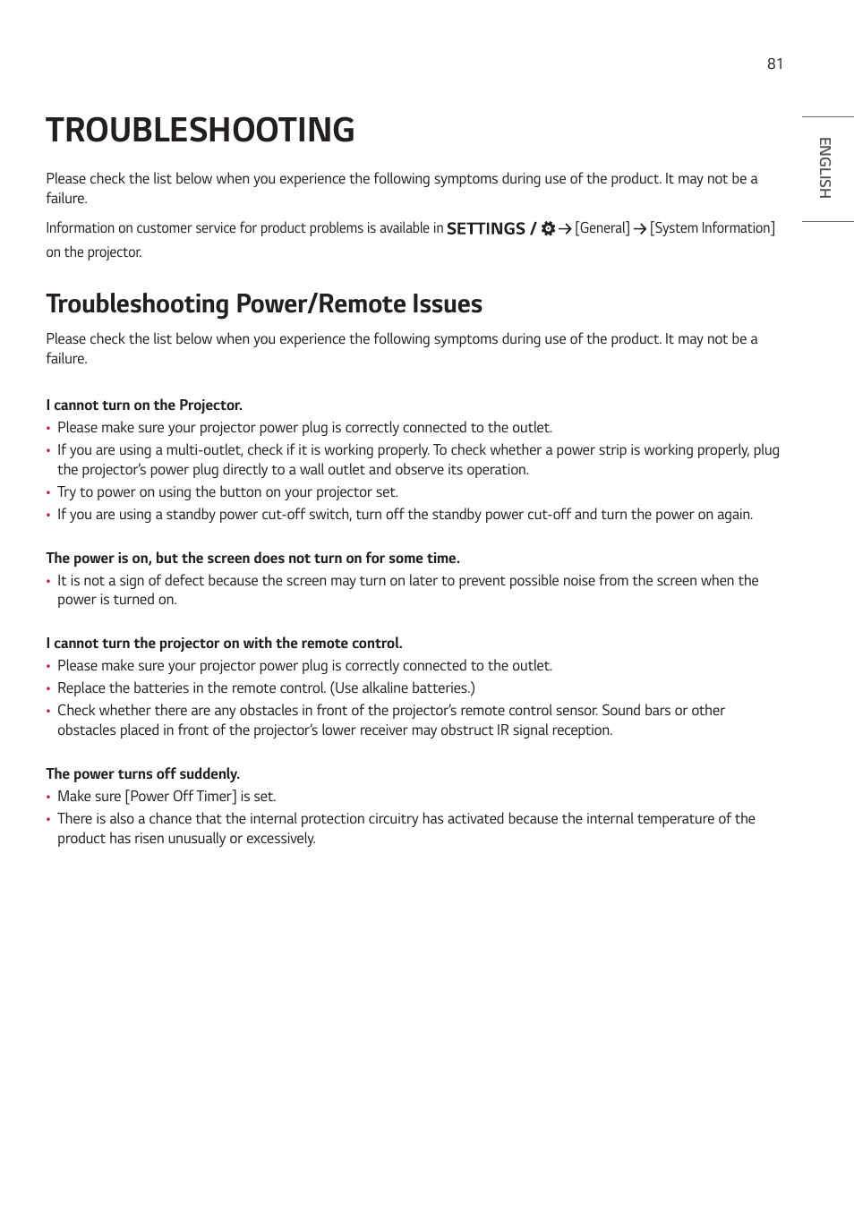 Troubleshooting, Troubleshooting power/remote issues | LG ProBeam BU70QGA 7000-Lumen 4K Laser SmProjector User Manual | Page 136 / 143