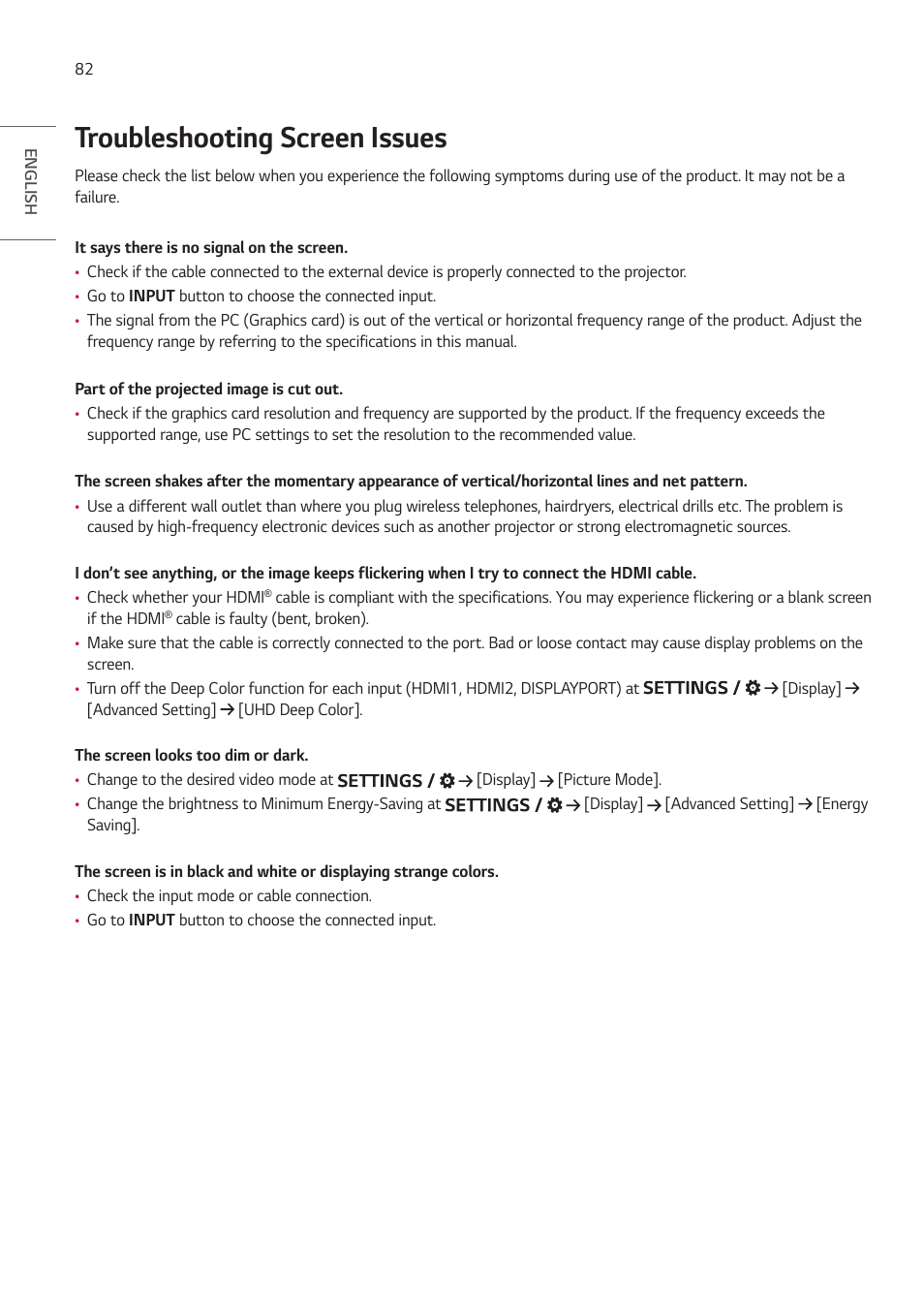 Troubleshooting screen issues | LG ProBeam BU70QGA 7000-Lumen 4K Laser SmProjector User Manual | Page 137 / 143