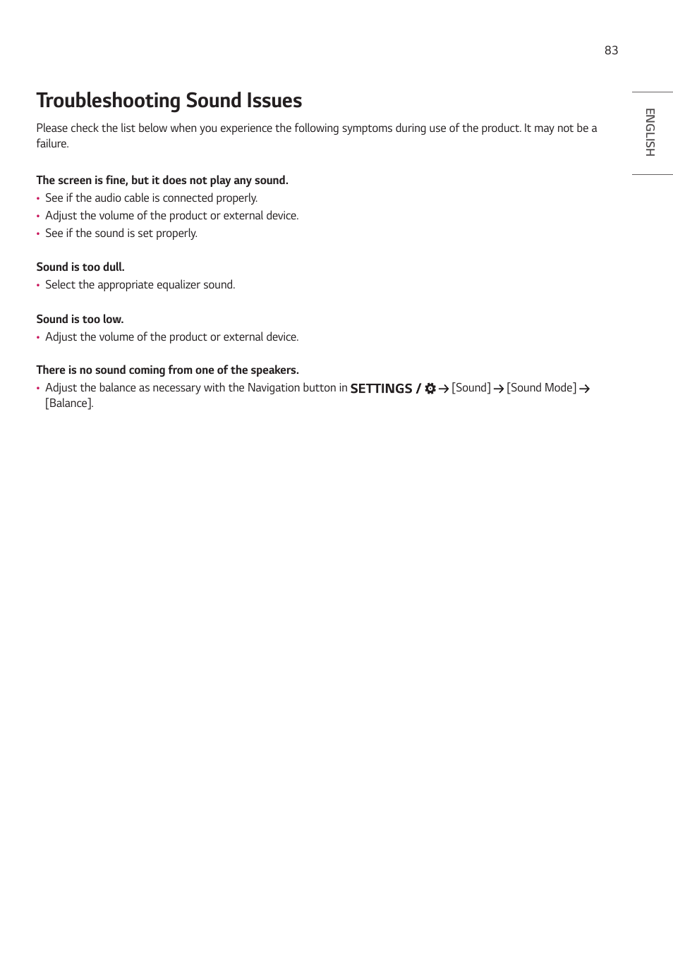 Troubleshooting sound issues | LG ProBeam BU70QGA 7000-Lumen 4K Laser SmProjector User Manual | Page 138 / 143