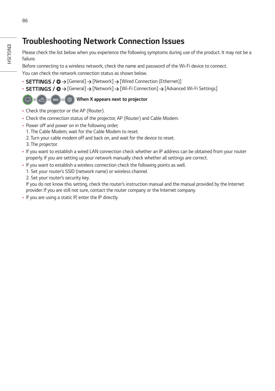 Troubleshooting network connection issues, Troubleshooting network connection issues 86 | LG ProBeam BU70QGA 7000-Lumen 4K Laser SmProjector User Manual | Page 141 / 143