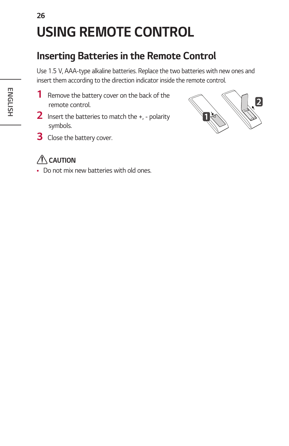 Using remote control, Inserting batteries in the remote control | LG ProBeam BU70QGA 7000-Lumen 4K Laser SmProjector User Manual | Page 26 / 143